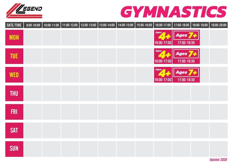ตารางเรียนรายสัปดาห์คลาส Gymnastics ที่ The Legend Arena หัวหิน