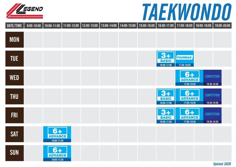ตารางเรียนรายสัปดาห์คลาส Taekwondo ที่ The Legend Arena หัวหิน